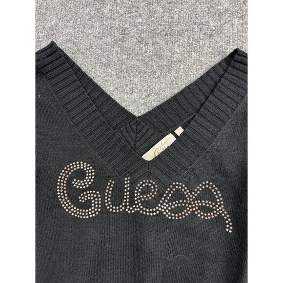 Guess Sweater Womens Small Black V-Neck Rhinestone Logo Ribbed Knit Pullover - Picture 2 of 9